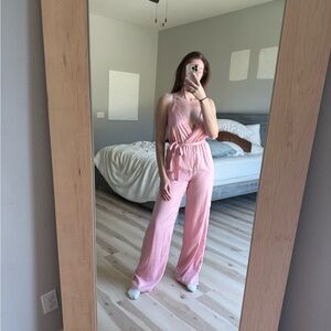 Bubble gum deep cut pink satin pant jumpsuit